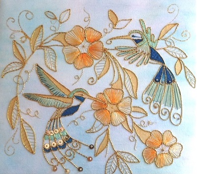 Humming Bird Flower Medley Gold Work Kit- Kathleen Laurel Sage - Click Image to Close